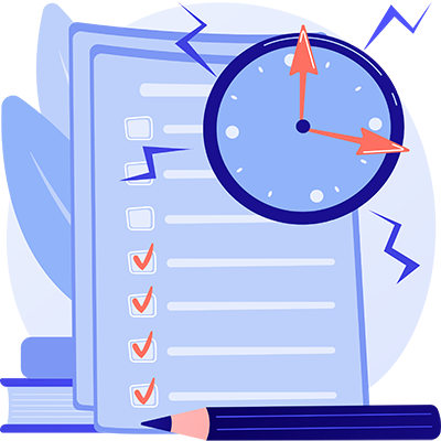 ilustración de unos papeles con checks marcados y desmarcados y un reloj