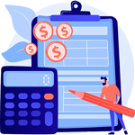 Contabilidad de tus facturas ilustración de un portafolio con pinza y una calculadora en grande y en pequeño un hombre con un lápiz grande