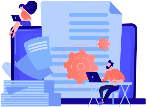 ilustración de un portafolio con pinza en grande y de fondo un portátil, en la esquina de este hay una mujer sentada con un portátil y en la esquina de abajo un hombre en una mesa con un portátil