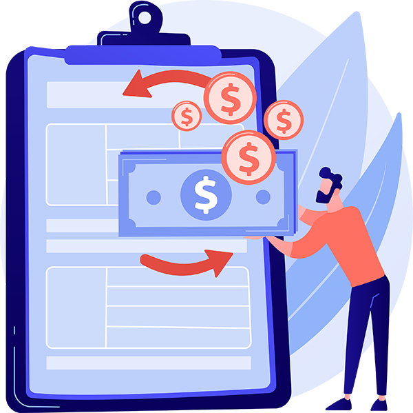 ilustración de un portafolio con pinza y un hombre en menor tamaño sujetando un billete